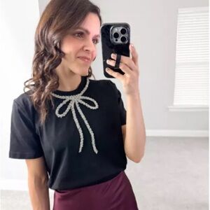 Maeve Black Tee with Silver Bow Detail